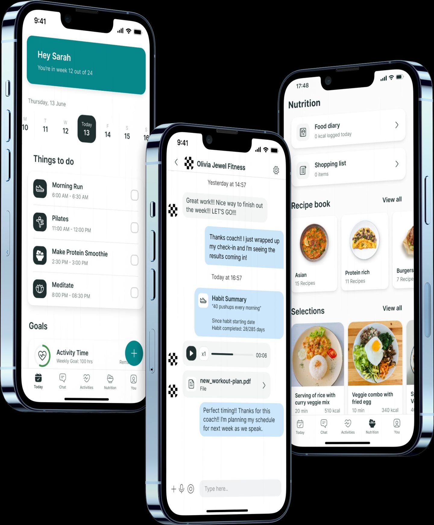 Three smartphones displaying different screens of a fitness coaching app, including a daily schedule, chat, and nutrition.