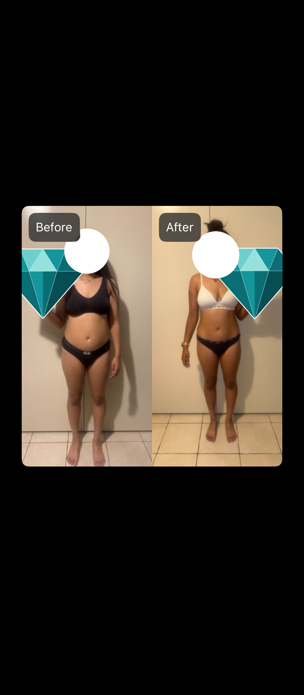 Side-by-side comparison showing a person's body transformation before and after a fitness program.