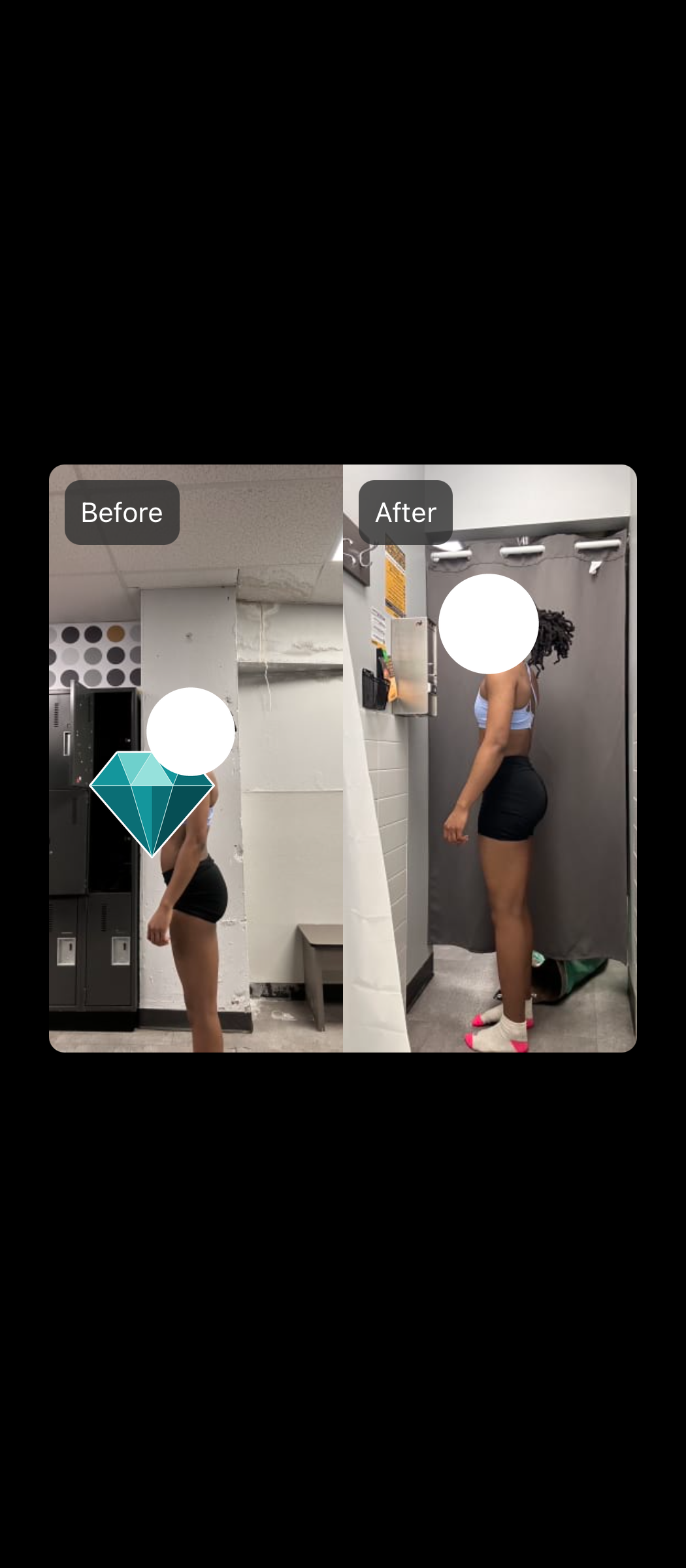 Side-by-side comparison showing a person's physical transformation in a gym locker room setting.