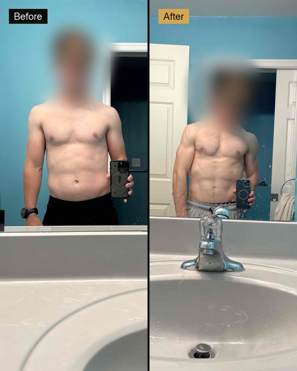 A side-by-side comparison showing a person's physical transformation with increased muscle definition in a bathroom mirror.