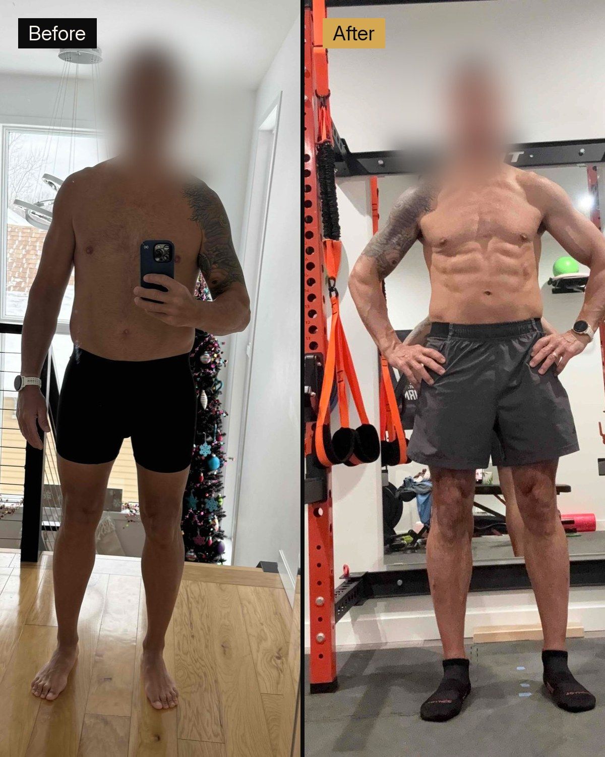 A side-by-side comparison showing a man's physical transformation from a softer physique to a lean, muscular build.
