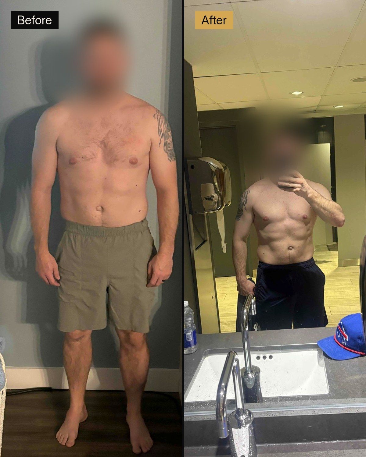A side-by-side comparison showing a man's physical transformation with increased muscle definition.