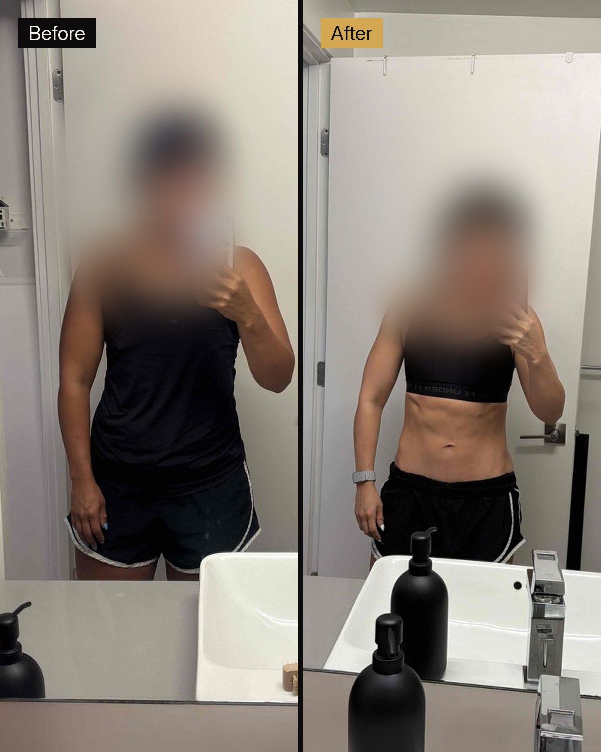 Side-by-side comparison of a person's fitness progress showing a leaner physique in the after photo.
