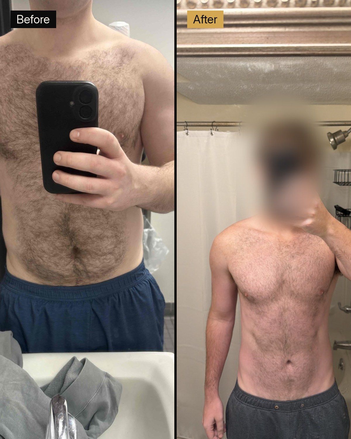A side-by-side comparison showing a man's physical transformation with increased muscle definition in the torso.