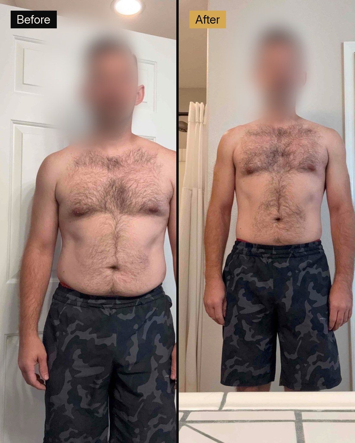 Side-by-side comparison of a man showing his physical transformation with reduced body fat.
