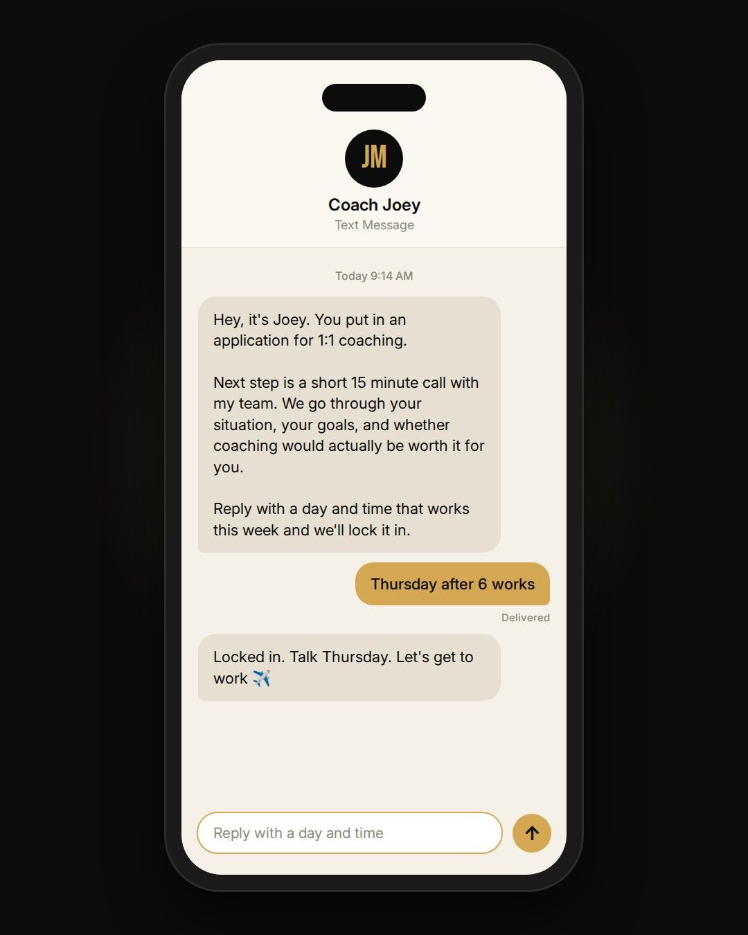 A smartphone screen displaying a text message conversation between a coach and a client about scheduling a coaching call.