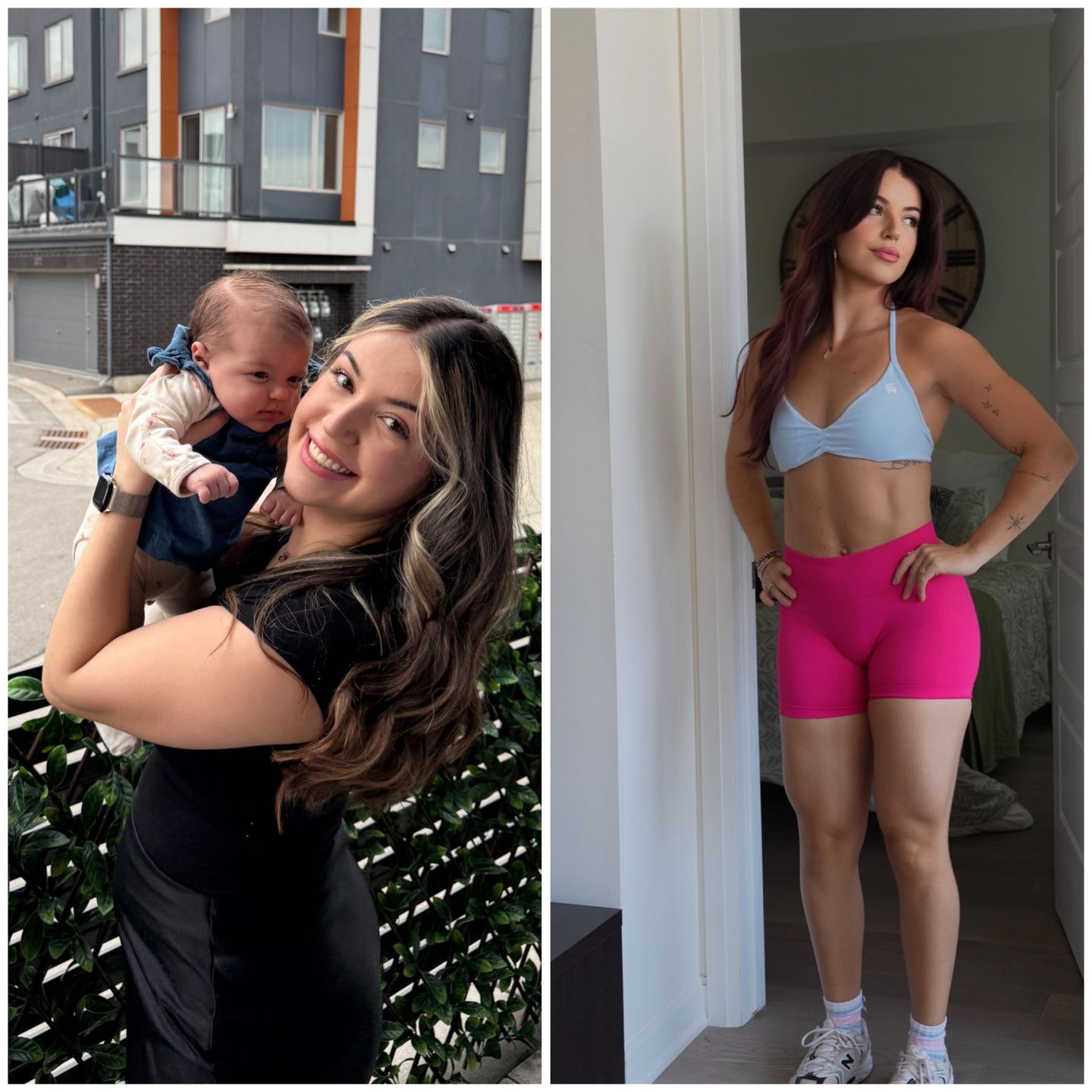 A side-by-side comparison showing a woman holding her baby on the left and posing in athletic wear on the right.