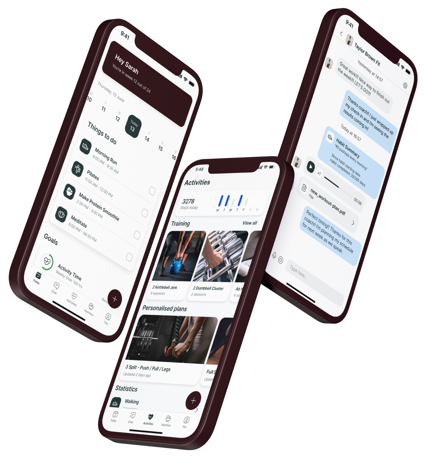 Three smartphones displaying a fitness coaching app interface with daily schedules, activity tracking, and chat features.