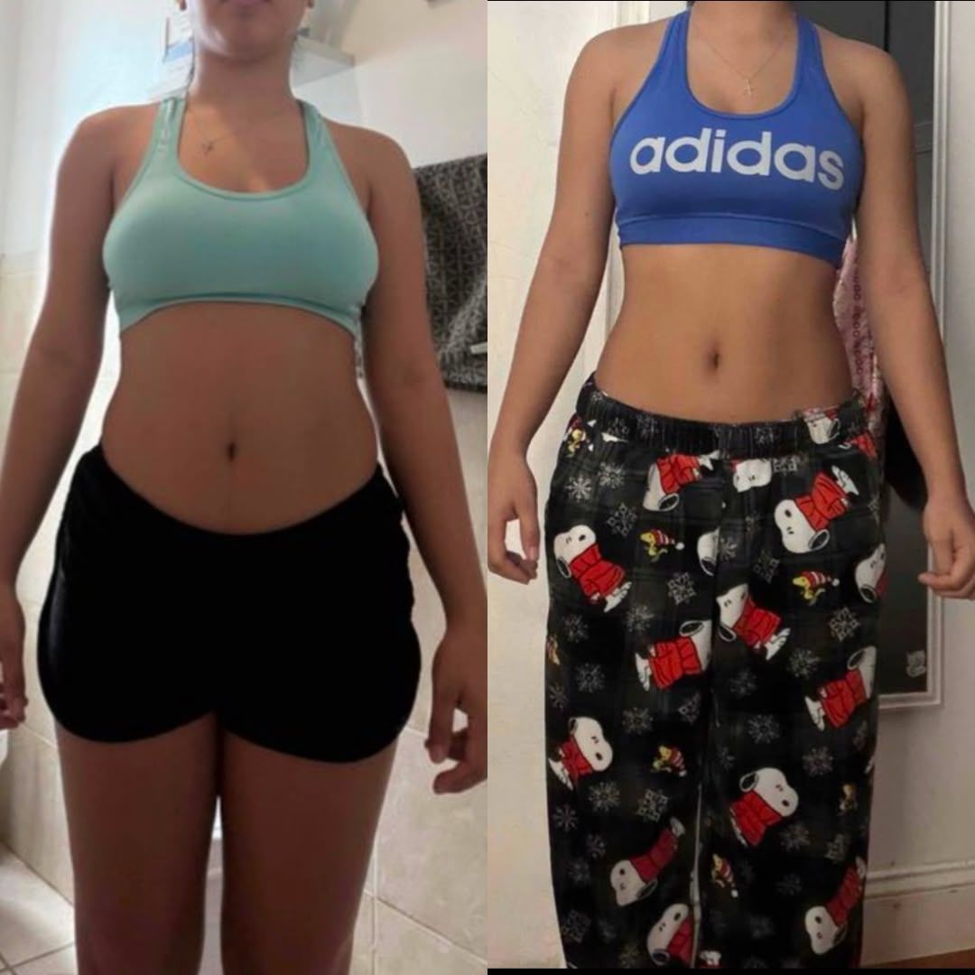 Side-by-side comparison showing a person's body transformation with a slimmer waistline.