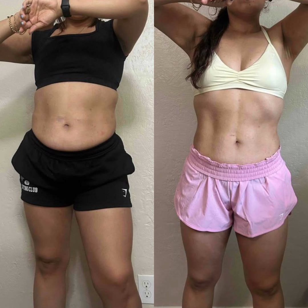 Side-by-side comparison showing a person's fitness progress with a leaner midsection in the second image.
