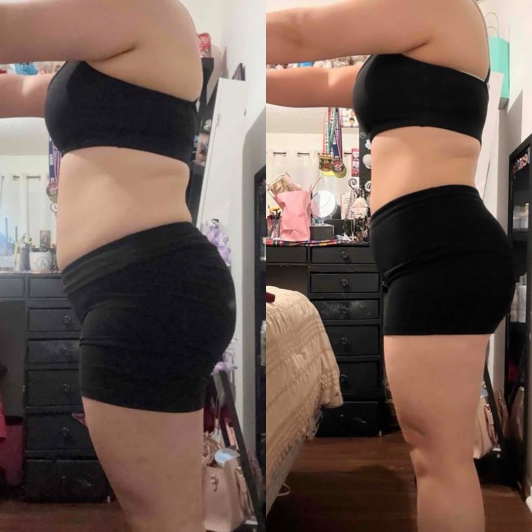Side-by-side comparison showing a person's body transformation in a bedroom setting.