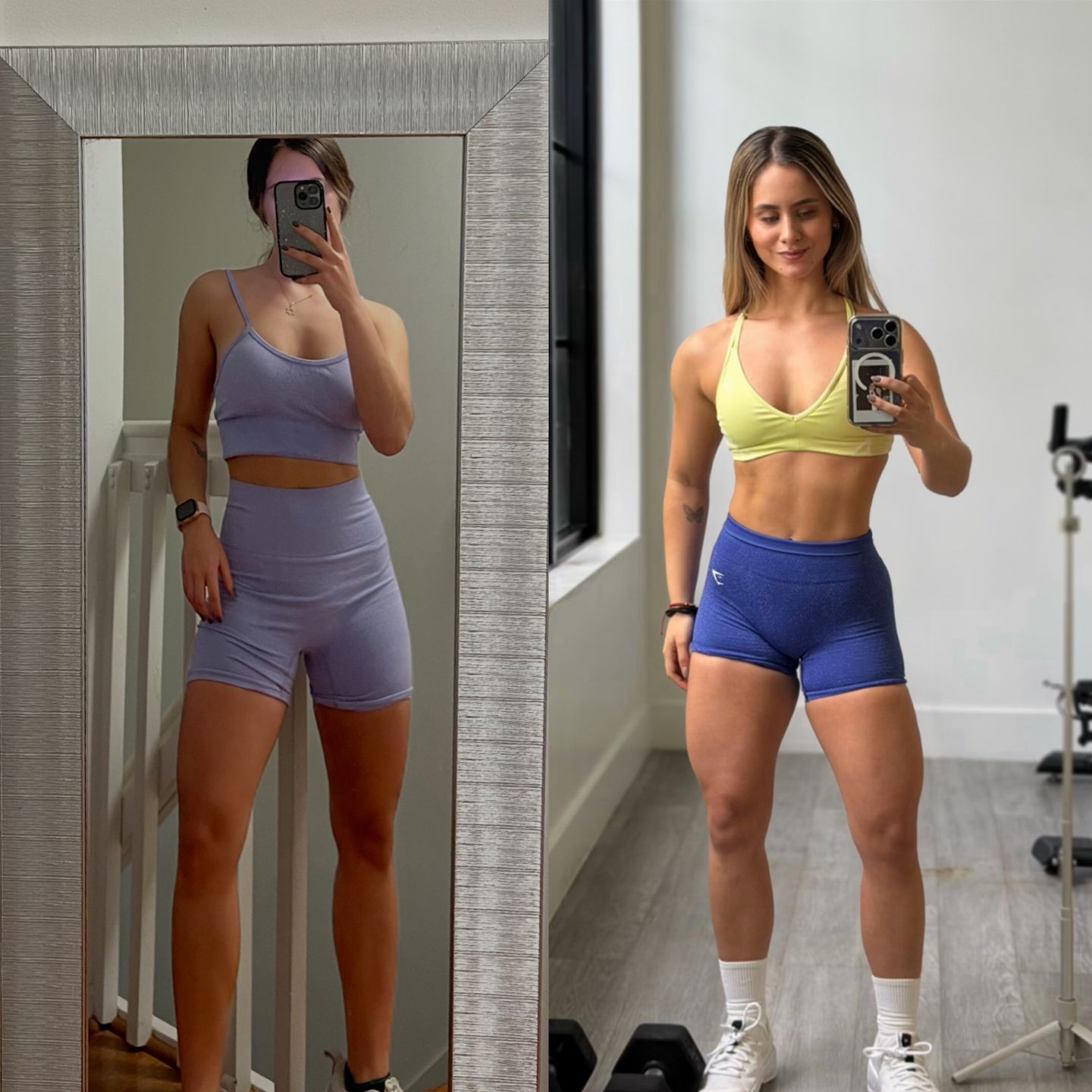 A side-by-side comparison showing a woman's fitness progress in athletic wear.
