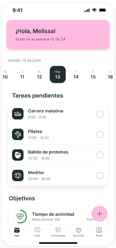 A mobile app interface showing a daily fitness schedule with tasks like morning run, pilates, protein shake, and meditation.