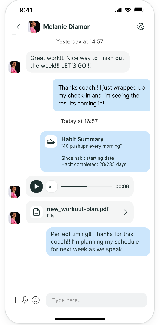 A mobile messaging interface showing a conversation between a coach and a client about workout plans and habit tracking.