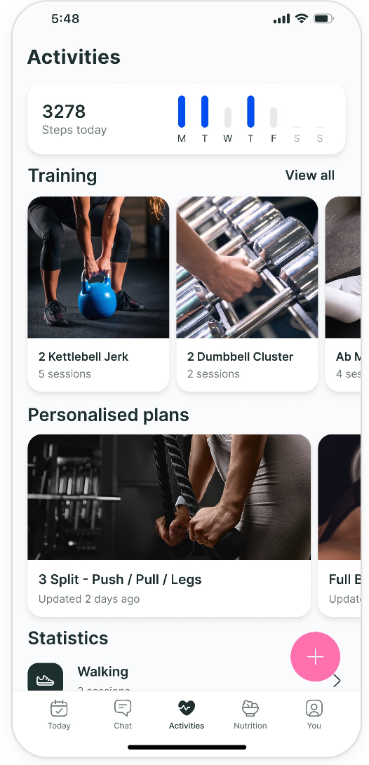 A mobile app interface displaying fitness activity tracking, training sessions, and personalized workout plans.