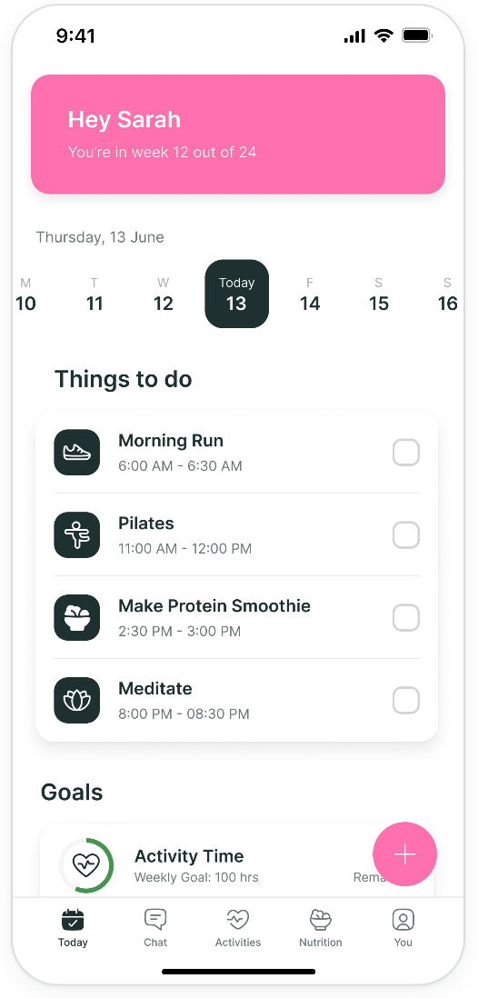 A mobile app interface showing a daily fitness schedule with tasks like a morning run, pilates, and meditation.
