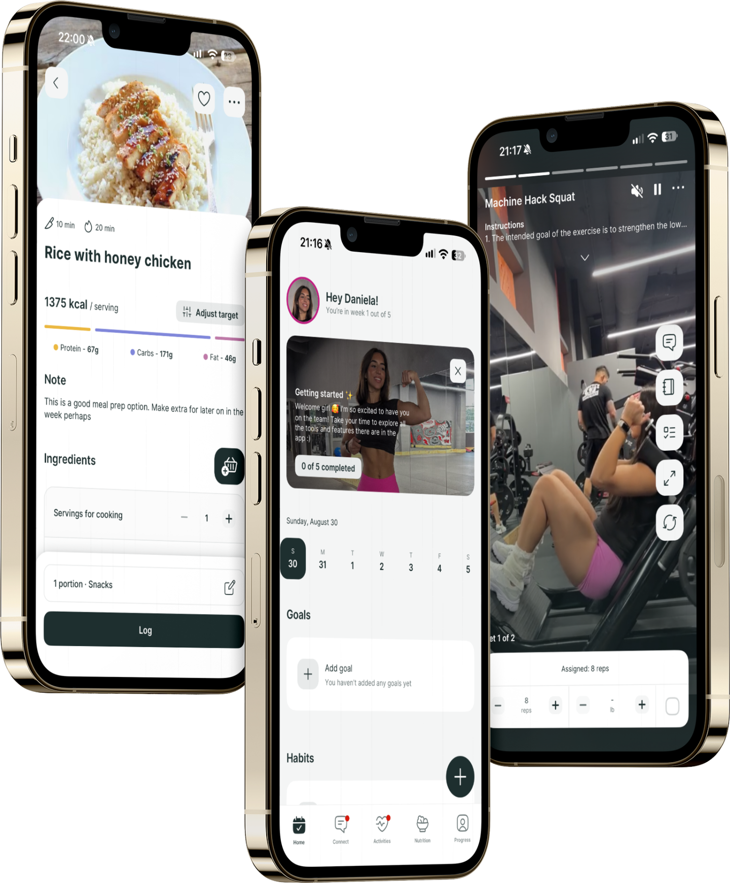 3 phone screens showcasing the coaching app