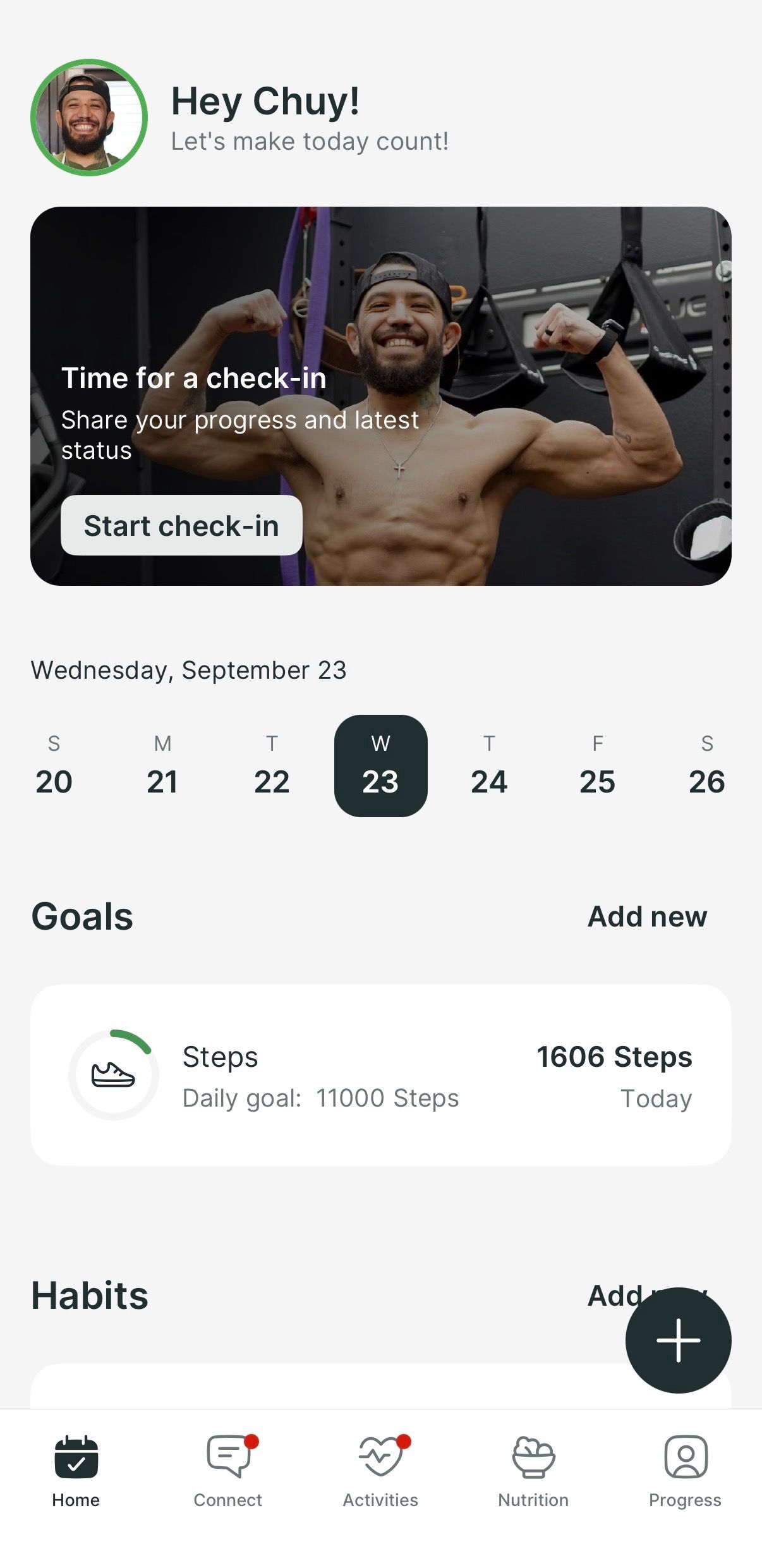A mobile fitness app dashboard showing a user's daily check-in prompt, calendar, step count goal, and navigation menu.