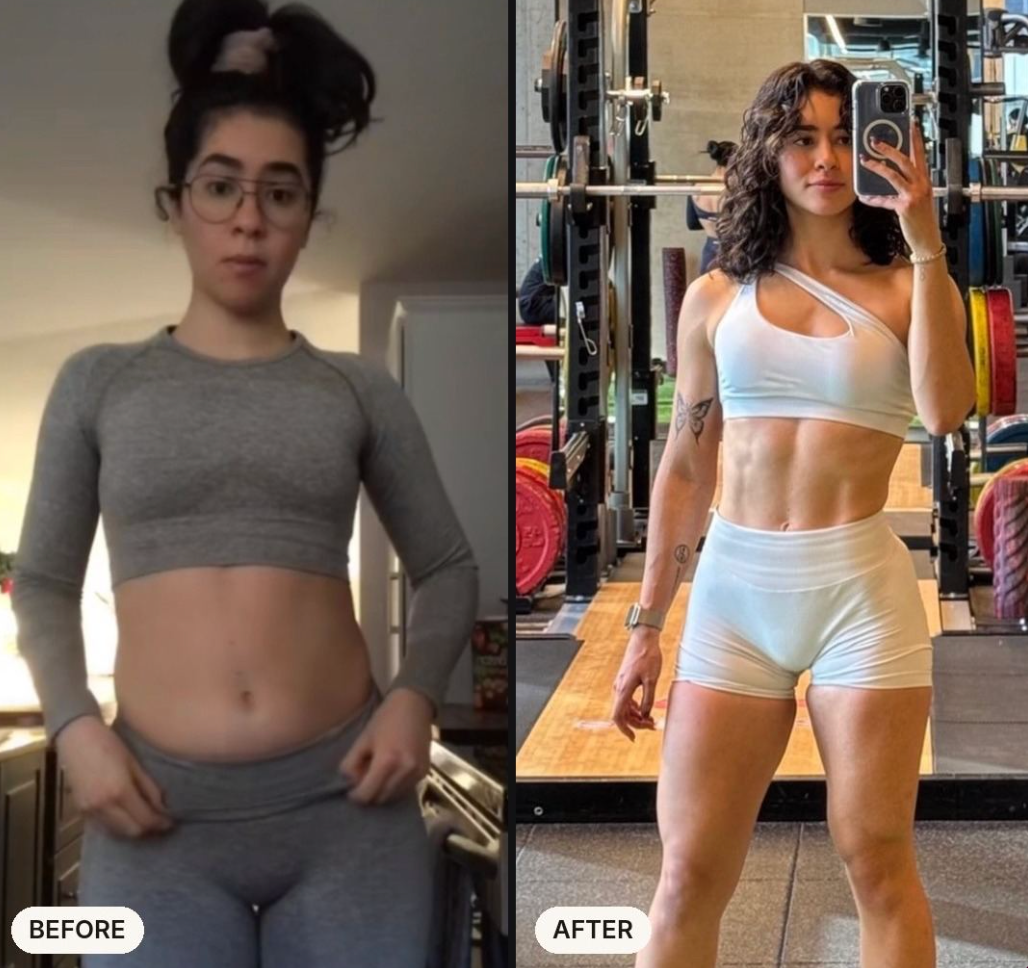 A side-by-side comparison showing a woman's fitness transformation before and after training in a gym.
