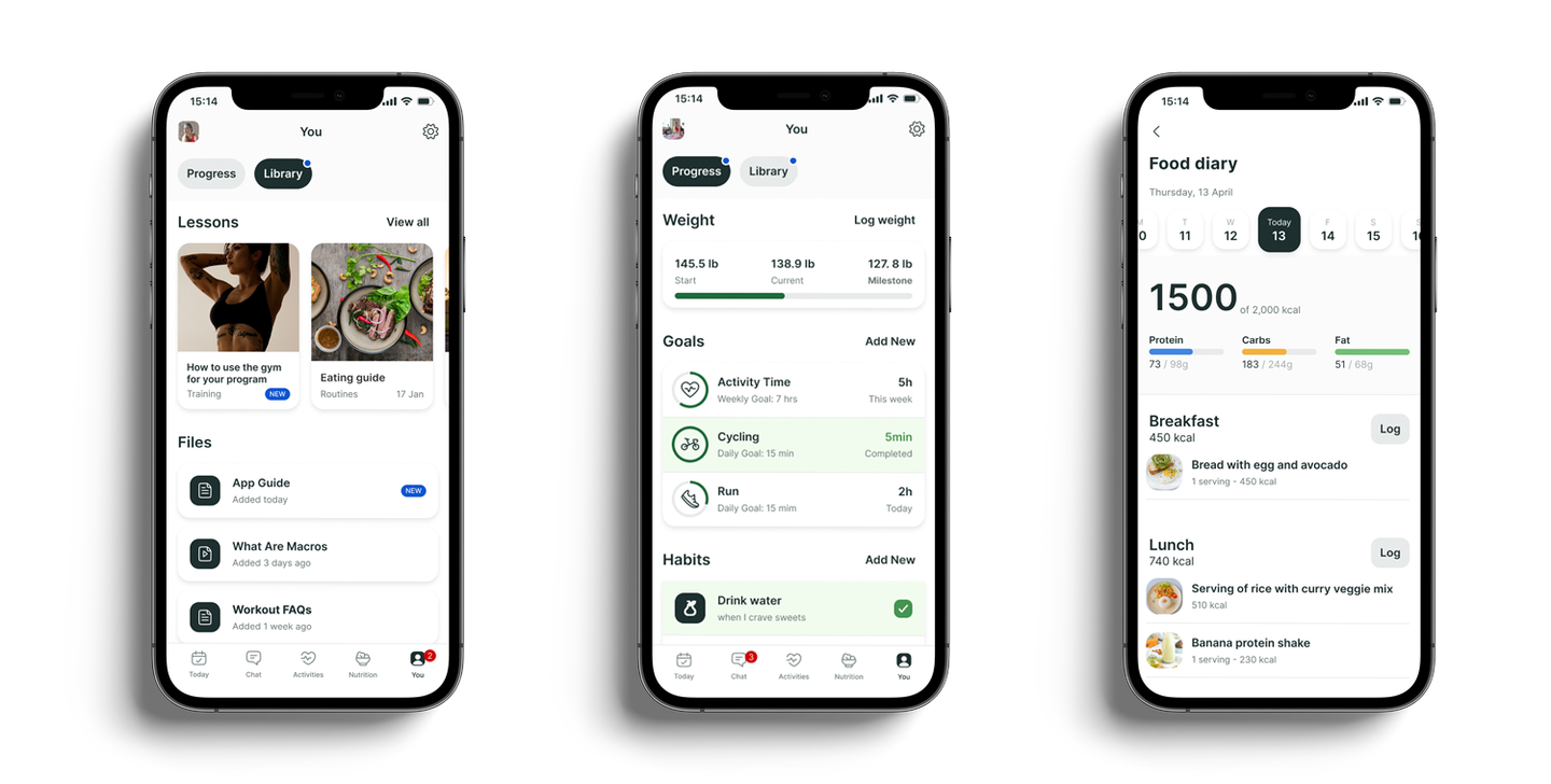 A mockup of the coaching app showcasing the different features.