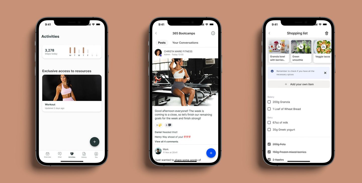 A mockup of the coaching app showcasing the different features.