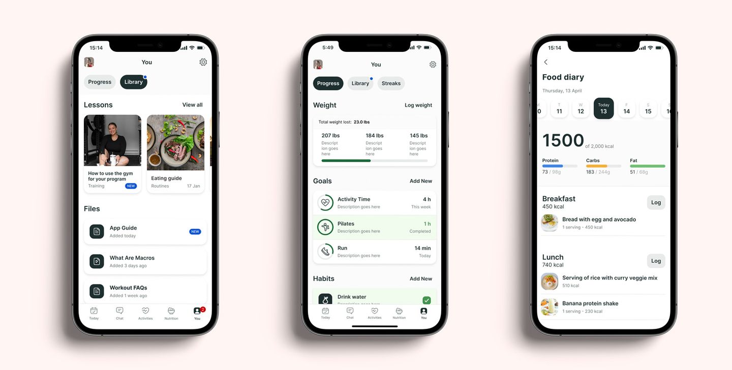 A mockup of the coaching app showcasing the different features.