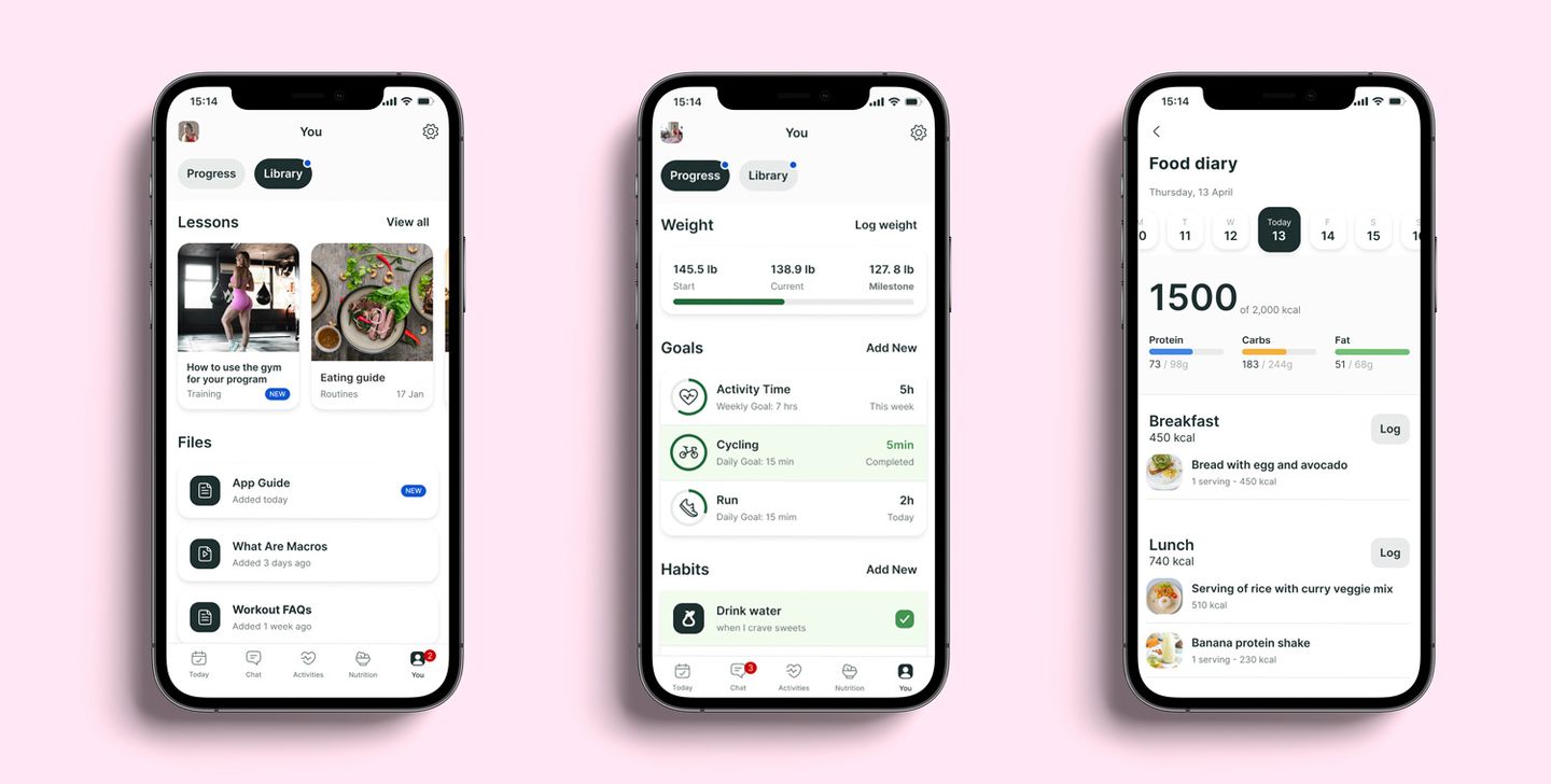 A mockup of the coaching app showcasing the different features.