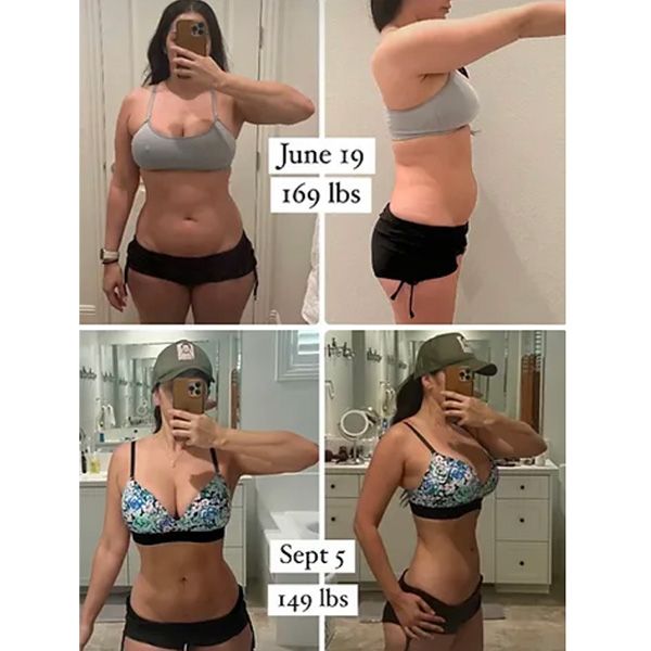 A side-by-side comparison showing a woman's fitness progress from June to September with a twenty-pound weight loss.