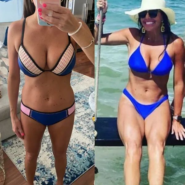 A side-by-side comparison of a woman in a bikini showing her fitness progress.