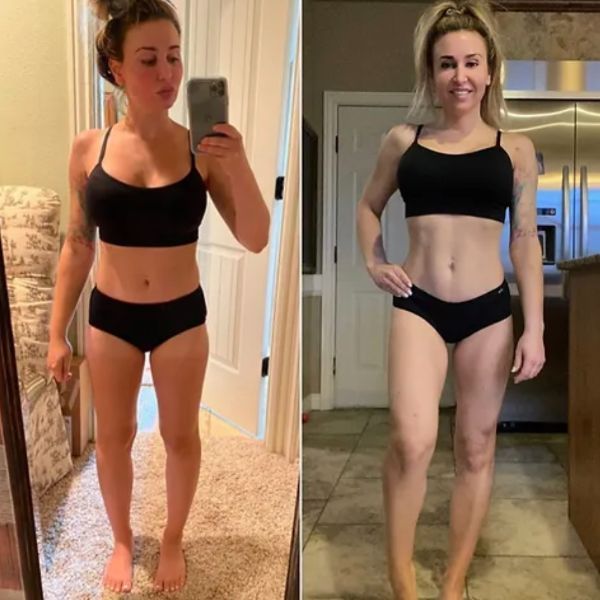 A side-by-side comparison of a woman in athletic wear showing her fitness progress.