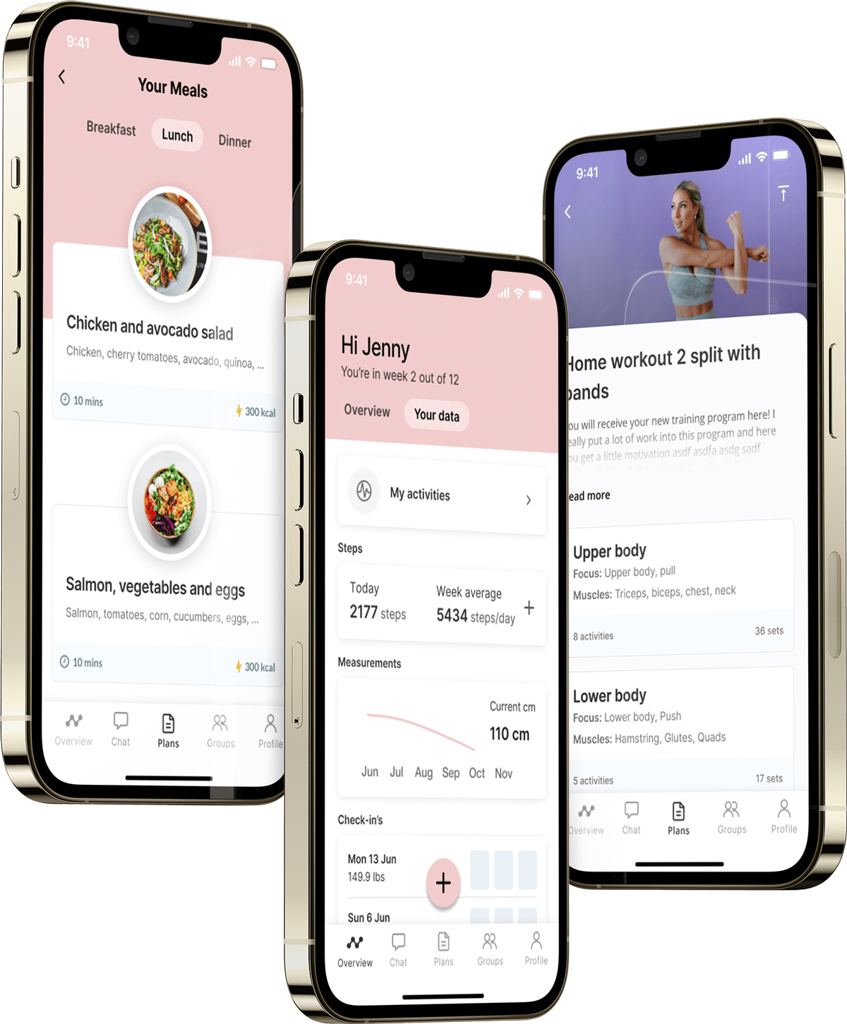 Three smartphones displaying different screens of a fitness and nutrition tracking mobile application.