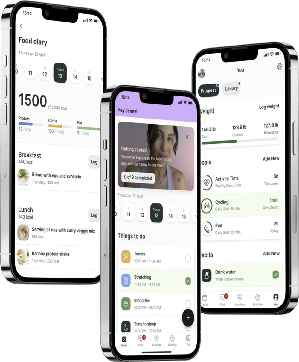 The coaching app on three phones: a food diary with calories and macros, a daily plan with workouts and habits, and a progress screen tracking weight and goals