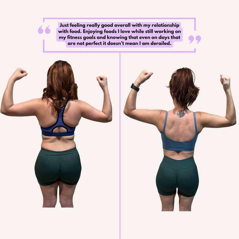 Back-view before and after of a client flexing. Her quote: Just feeling really good overall with my relationship with food. Enjoying foods I love while still working on my fitness goals and knowing that even on days that are not perfect it doesn't mean I am derailed.
