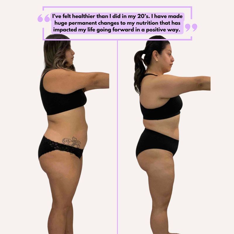 Side-view before and after of a client. Her quote: I've felt healthier than I did in my 20's. I have made huge permanent changes to my nutrition that has impacted my life going forward in a positive way.