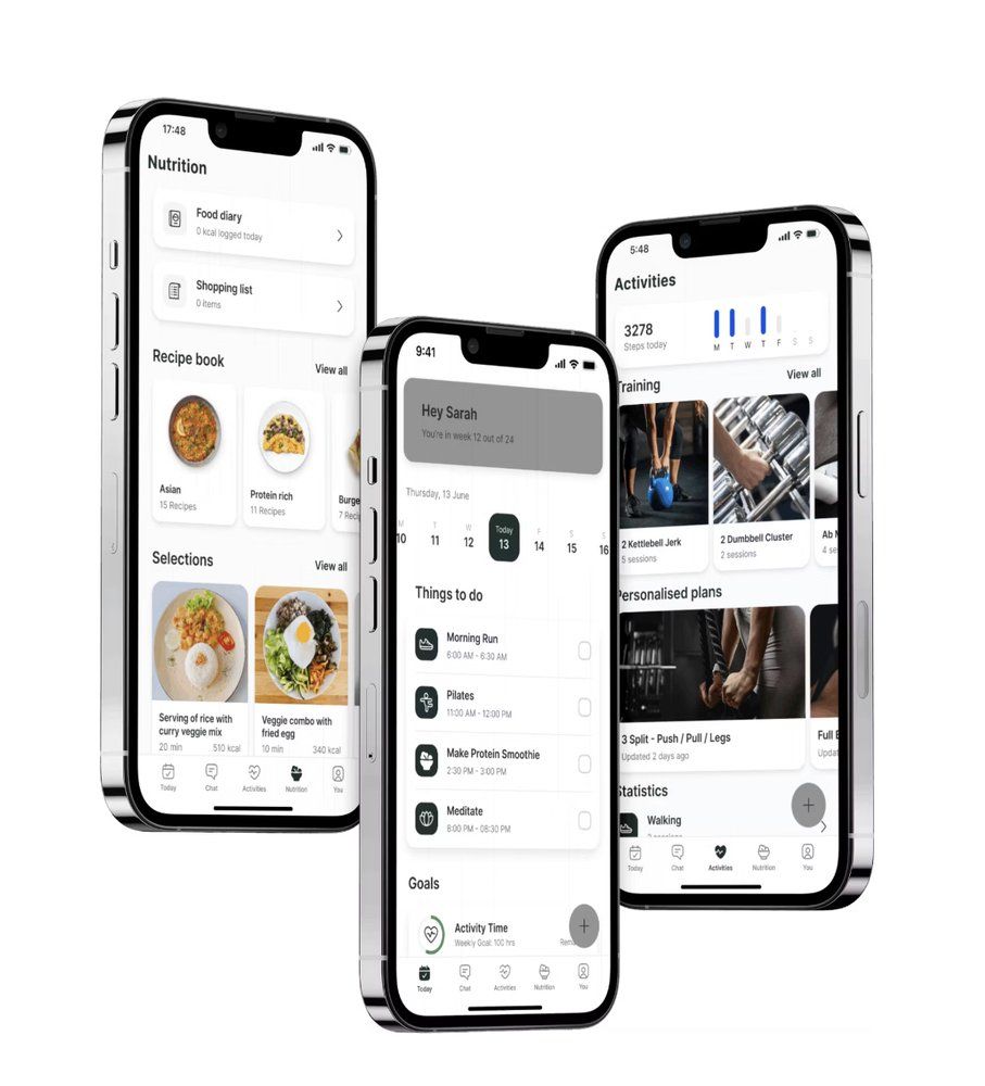 The KLRLY FIT coaching app showing nutrition, daily tasks and training