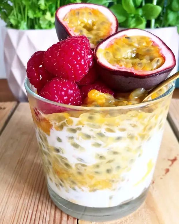 Passion fruit and raspberry chia parfait