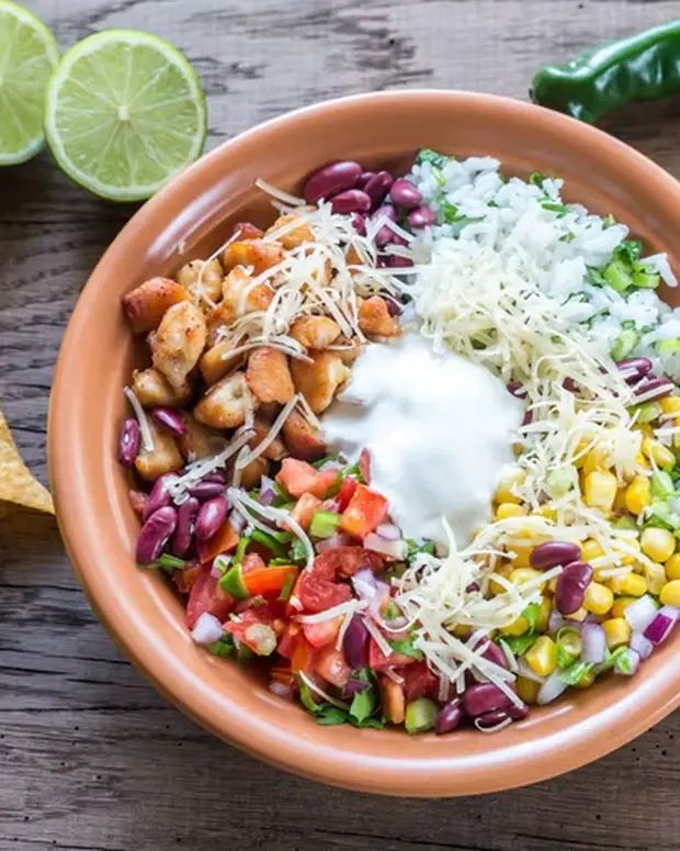 Burrito bowl with beans, corn and rice