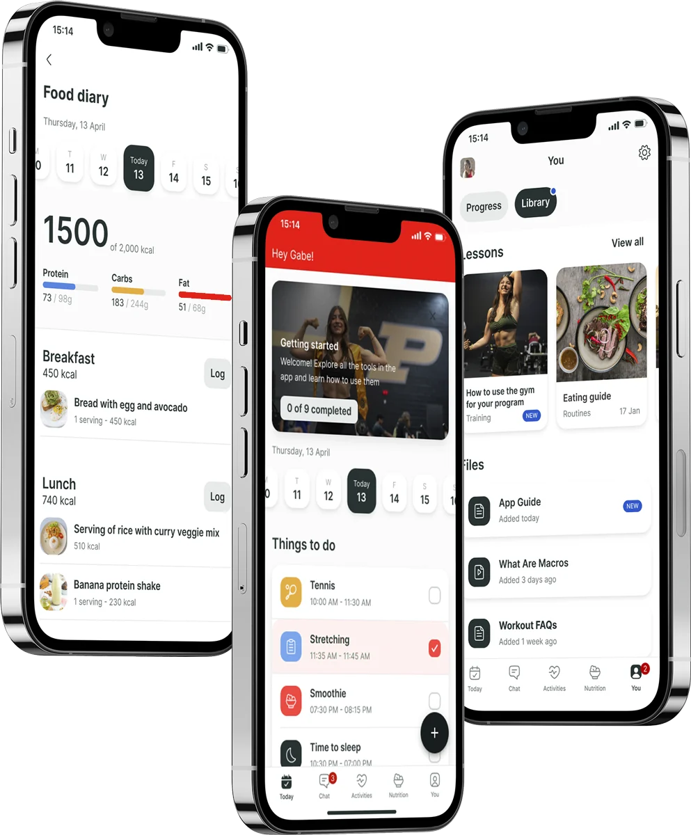 Kacey’s coaching app on three phones: food diary, daily to-do list and lesson library