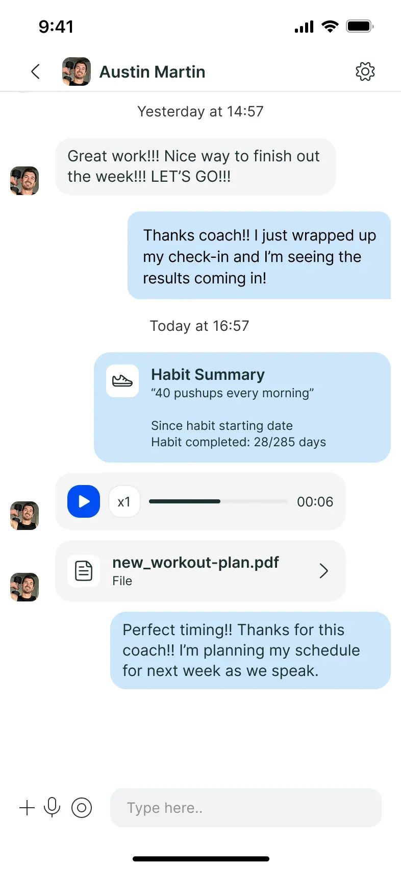 Chat screen in the Focused Intensity app showing a message from Austin